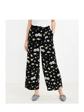 LOFT Linen Tie Waist Fluid‎ Wide Leg Crop Pants in Garden Size Medium